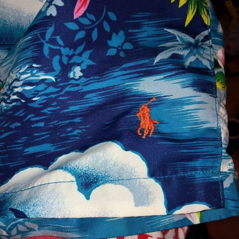 VTG Polo Sport Ralph Lauren Mens Large Blue Hawaiian Floral Shorts Swim Trunks L